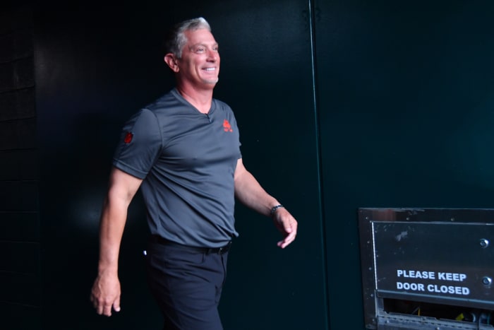 Aug 17, 2023; Philadelphia, Pennsylvania, USA; Cleveland Browns defensive coordinator Jim Schwartz walks to the field against the Philadelphia Eagles at Lincoln Financial Field.